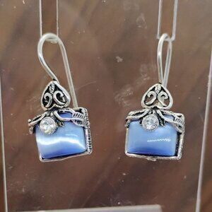 Vtg Designer Fetih Earrings Blue Cats Eye Rhinestone Sterling Silver